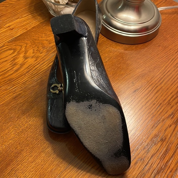 Salvatore Ferragamo Brown Alligator with Gold Accent Heel - Picture 9 of 10